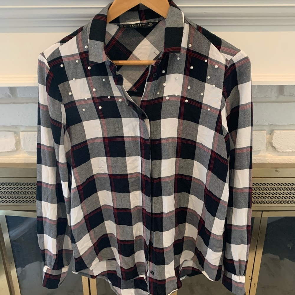 3 for $18 Zara flannel button up with pearl shoulder detail